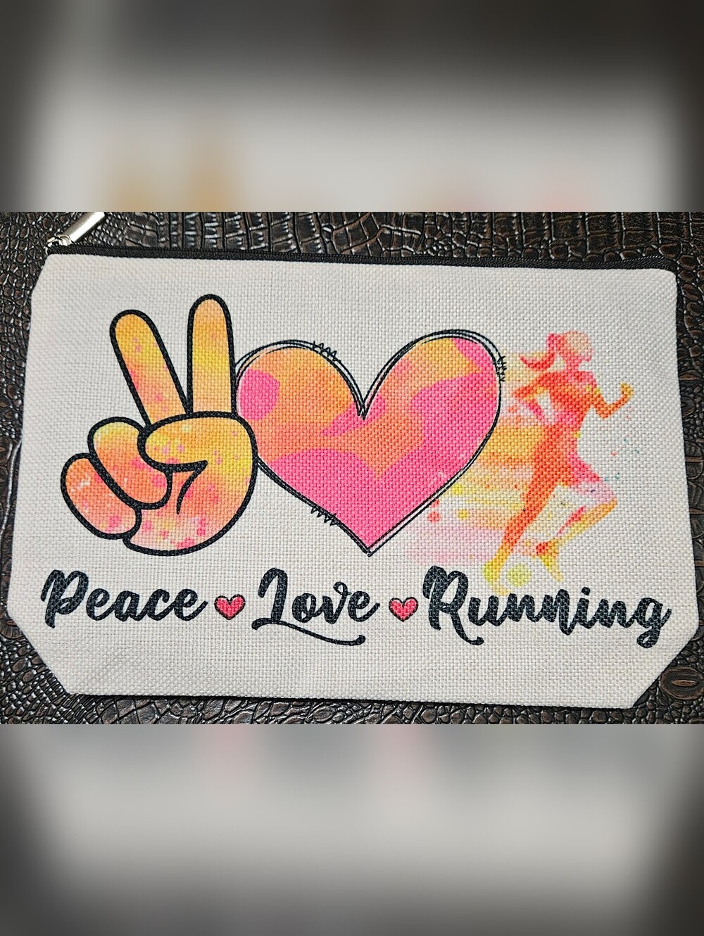 Peace Love Running Canvas women makeup bag . - Pink & Orange Heart New
